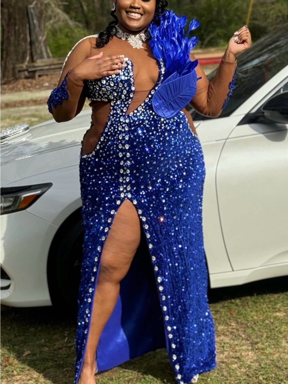 Elegant Royal Blue Crystal Embellished Evening Gown - Brand